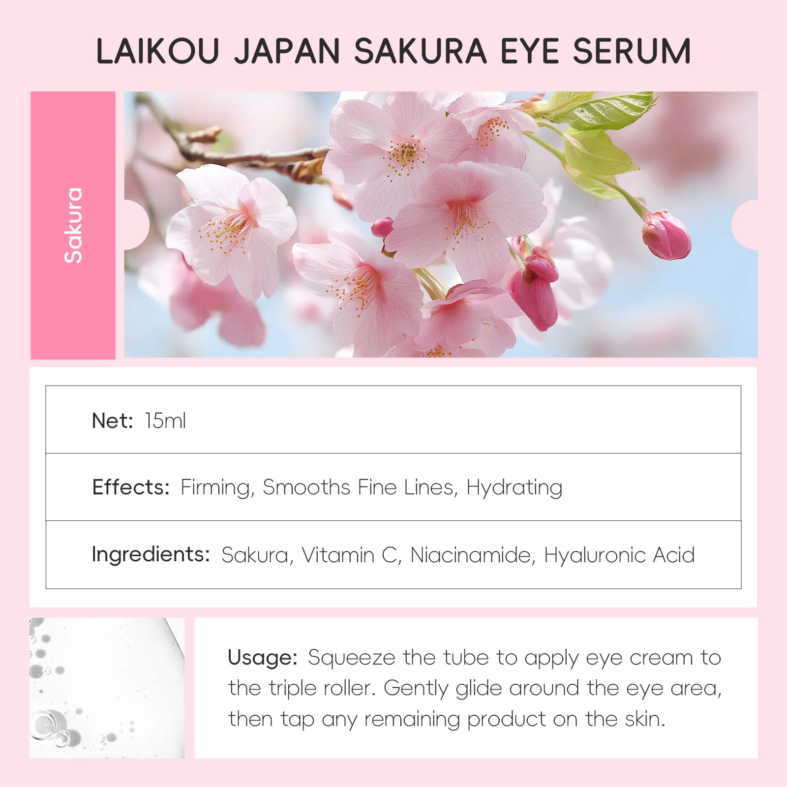 Sakura Eye Serum Roller Massage Hyaluronic Acid Skin Care