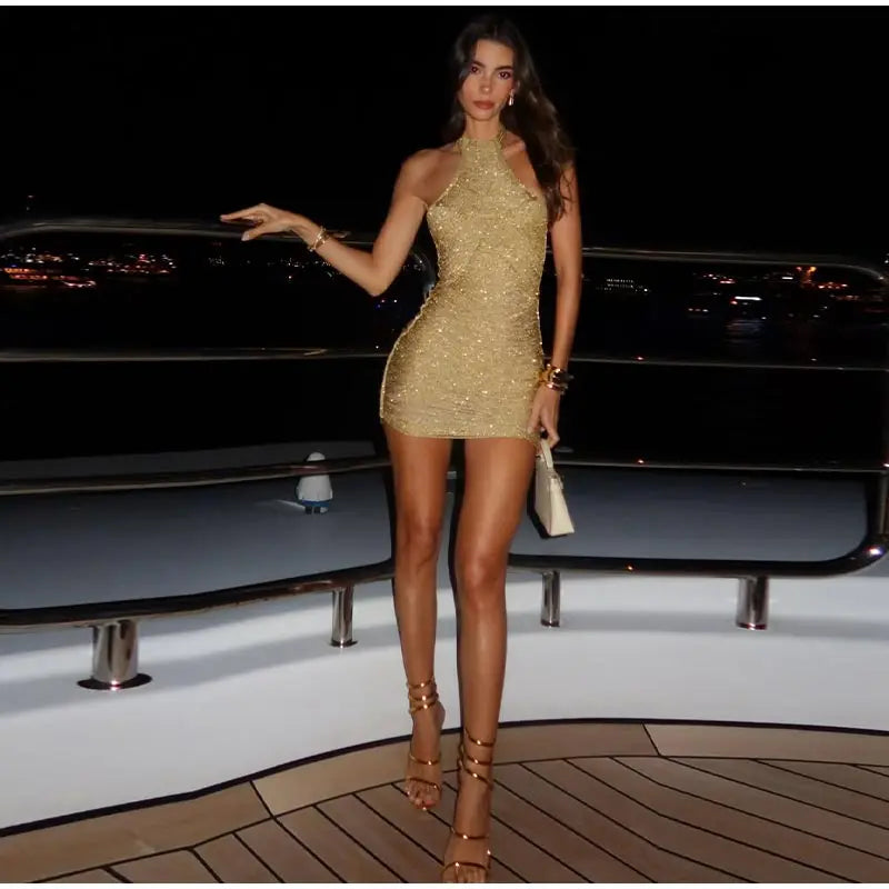 Slim Sleeveless Gold Tassel Dress for Summer Parties
