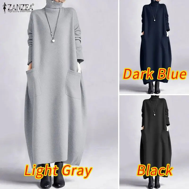Sweatshirt Dress Women Casual Turtleneck Long Sleeve Solid A-Line Midi Dresses