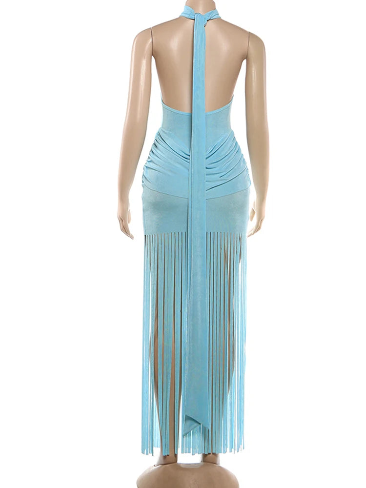 Women Velvet Ruched Patchwork Tassel Hem Elegant Backless Party Bodycon