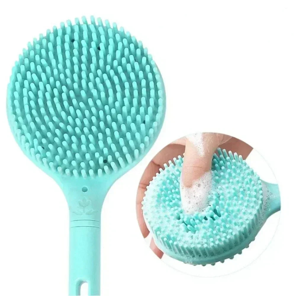 Silicone Body Scrubber with Long Handle – Two-Sided Exfoliating Bath Brush for Back Cleaning and Massage.