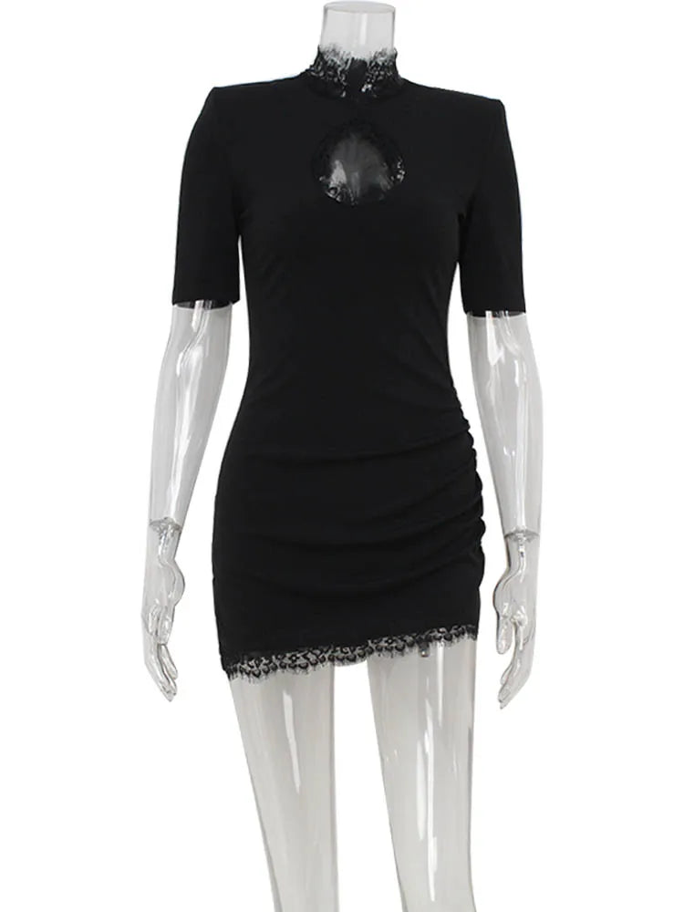 Slim-Fit Lace Mini Dress with Turtleneck and Cutout Accents
