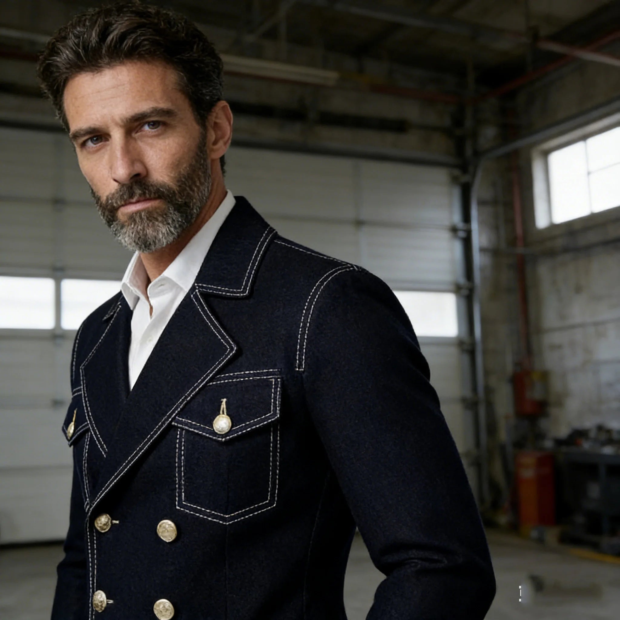 Men's Denim Jacket Double Breasted Slim Fit Notch Lapel Multi-pocket With Gold Button British Style Casual Office Spot Coat