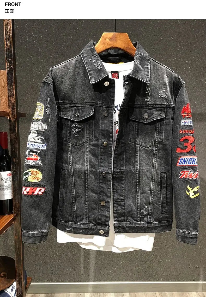 Spring and Autumn New Men's Embroidered Denim Jacket Trendy and Handsome Slim Fit Badge Broken Coat