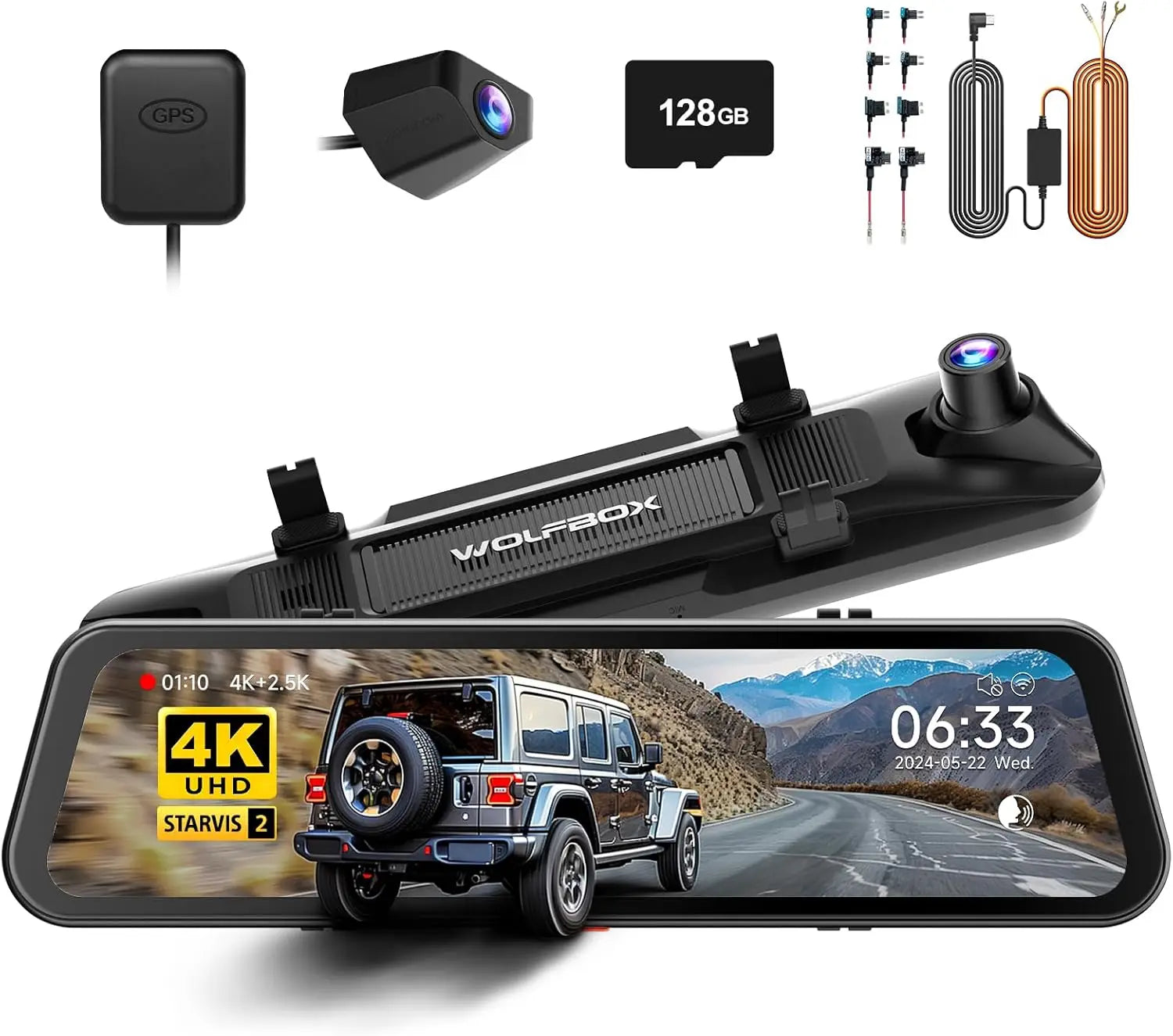 WOLFBOX G900 PRO Dash Cam – 4K front + 2.5K rear mirror dash camera with voice control, 5GHz Wi-Fi, GPS tracking, loop recording, and dual front & rear cameras for clear driving video and smart car security.