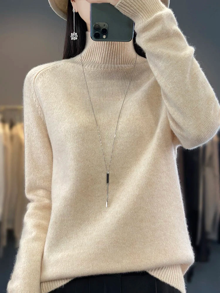 Autumn Winter Wool Sweater Mock Neck Office Lady Knitted Pullover Solid Soft Long Sleeve