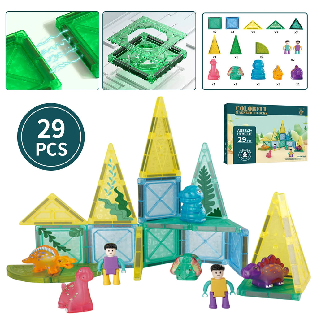 Kids Forest Dinosaur Magnetic Building Blocks Starter Set – Educational Animal Magnet Construction Toy, 29 Pieces