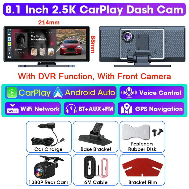 VTOPEK 8.1" 2.5K Car Dash Camera – Wireless CarPlay & Android Auto Display, GPS Navigation, WiFi DVR with Rear Camera