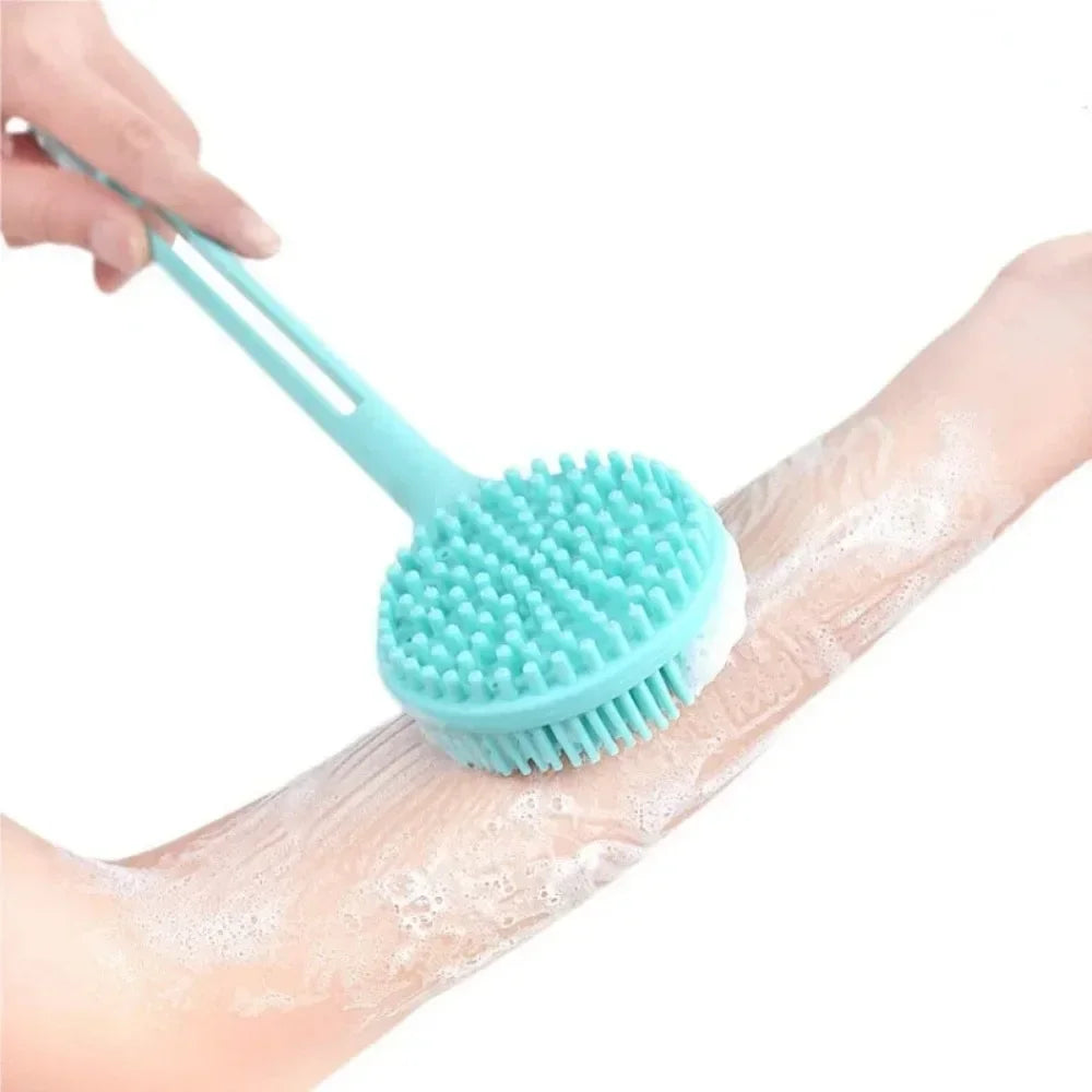 Silicone Body Scrubber with Long Handle – Two-Sided Exfoliating Bath Brush for Back Cleaning and Massage.