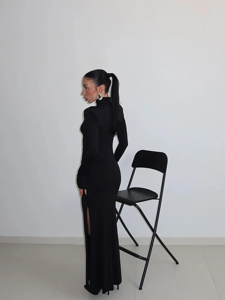 Women's Maxi Dresses Solid Turtleneck Regular Long Sleeves Hollow Out Slim Fit