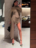 Turtleneck Irregular Draped Ruched Mini Dress Women Elegant Long Sleeve Backless Club Party Cocktail