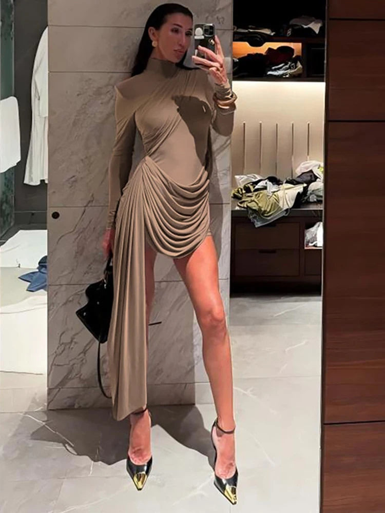 Turtleneck Irregular Draped Ruched Mini Dress Women Elegant Long Sleeve Backless Club Party Cocktail