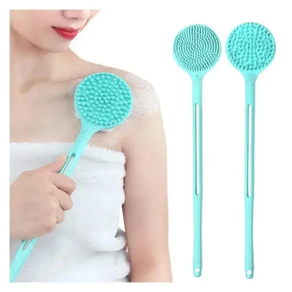 Silicone Body Scrubber with Long Handle – Two-Sided Exfoliating Bath Brush for Back Cleaning and Massage.