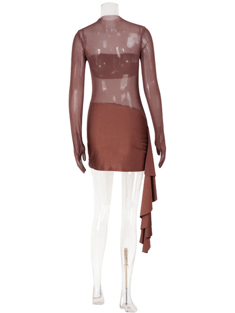 Mesh Patchwork Solid O Neck Women Dresses Autum Sheer Club Long Sleeve Hip Wrap Bodycon Streetwear