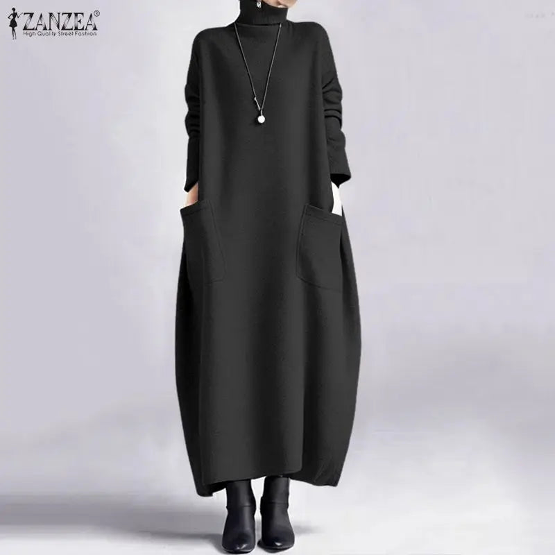 Sweatshirt Dress Women Casual Turtleneck Long Sleeve Solid A-Line Midi Dresses