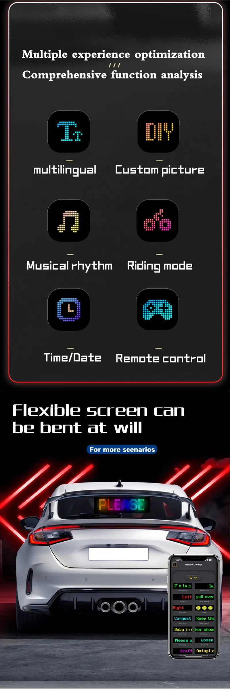Smart RGB LED Matrix Car Display with APP Control – Custom Scrolling Text, Animated Pixel Board & Windshield Advertising Screen
