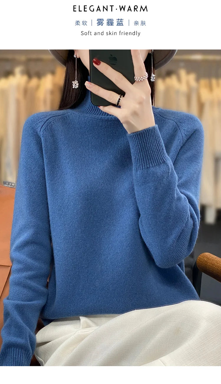 Autumn Winter Wool Sweater Mock Neck Office Lady Knitted Pullover Solid Soft Long Sleeve