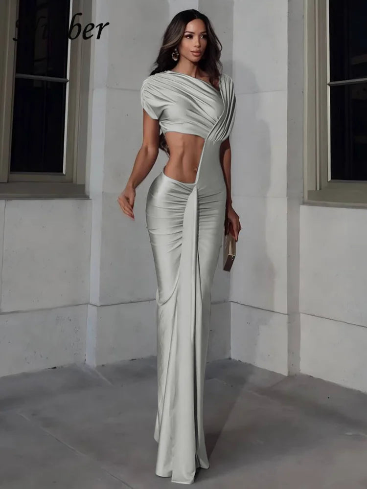 Diagonal Collar Shorts Sleeve Waistless Slits Street Trend Temperament Long Bodycon