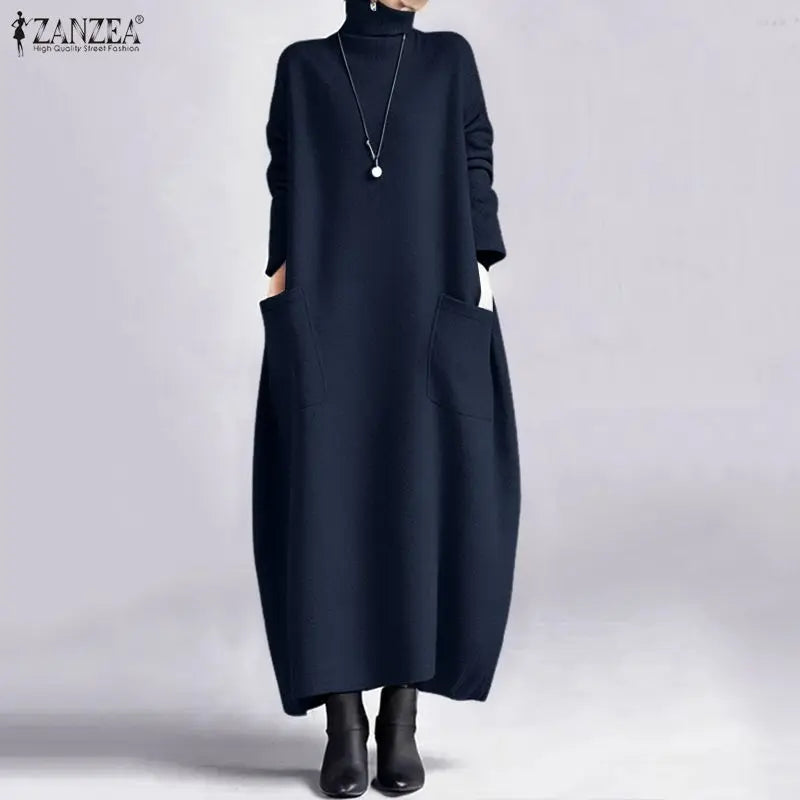 Sweatshirt Dress Women Casual Turtleneck Long Sleeve Solid A-Line Midi Dresses