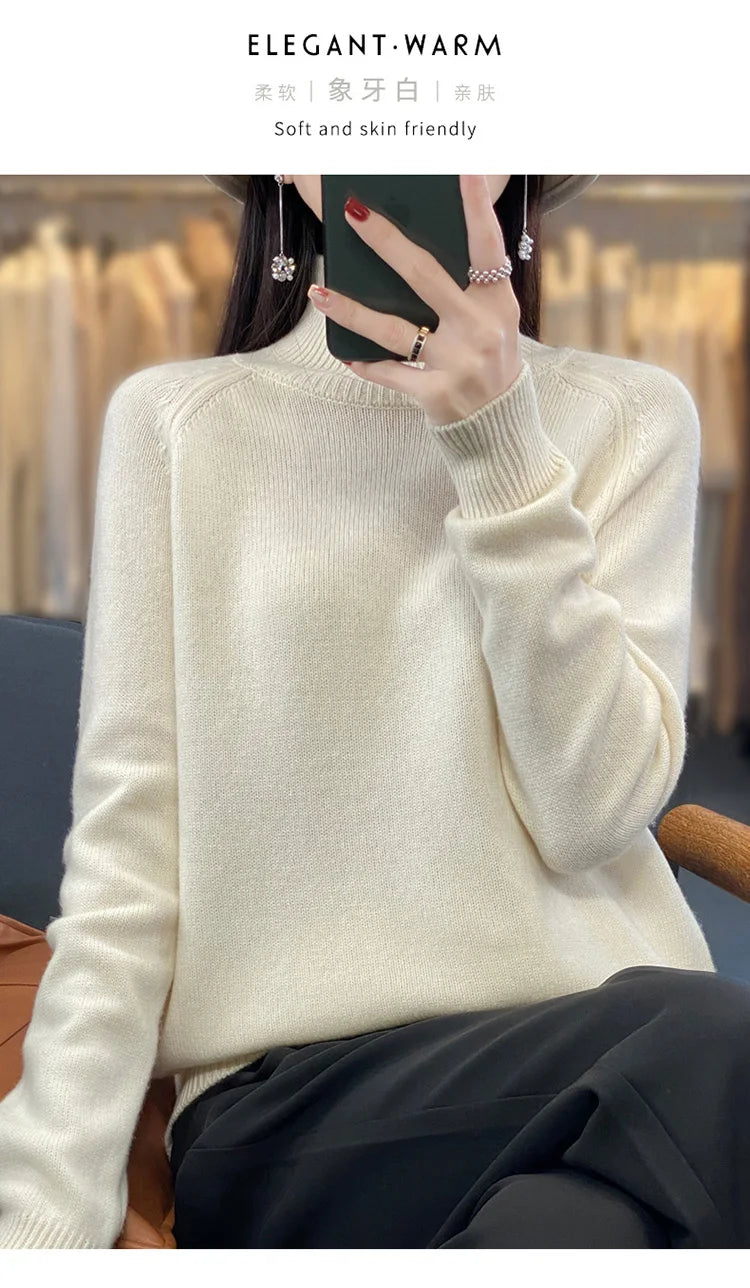 Autumn Winter Wool Sweater Mock Neck Office Lady Knitted Pullover Solid Soft Long Sleeve