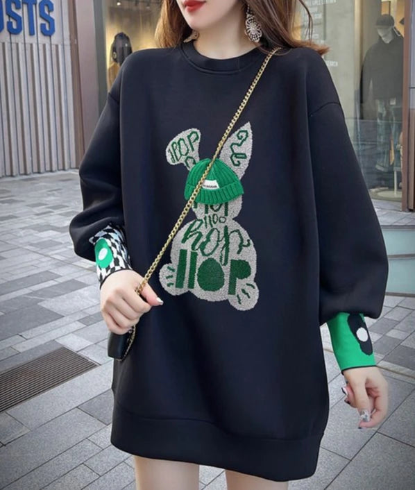 Sweatshirt for Women BlackGraphic Long  Woman Tops Loose Embroidered Pullover Baggy Korean Popular Clothes
