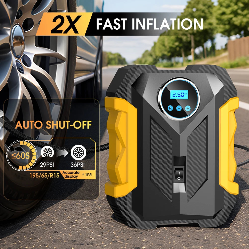Carsun 150PSI 12V Digital Tire Inflator with LED Light, Smart Pressure Control & 3M Power Cord – For Cars, Bikes & Balls