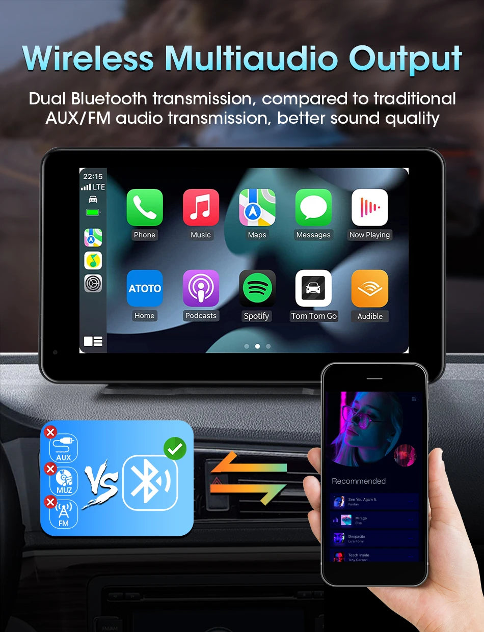 VTOPEK 8.1" 2.5K Car Dash Camera – Wireless CarPlay & Android Auto Display, GPS Navigation, WiFi DVR with Rear Camera