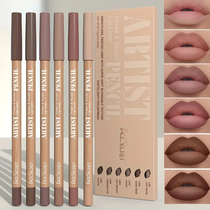 6pcs Velvet Matte Lip Liner Pencils Set Long-Lasting Non-Drying.