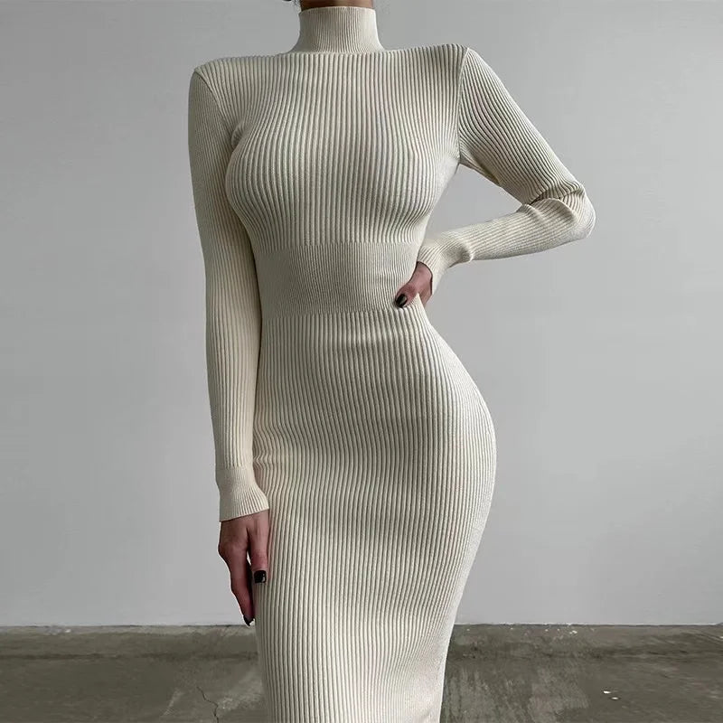 Autumn Knitted Turtleneck Dress Women Long Sleeve Bodycon Midi Dresses Elegant Fashion
