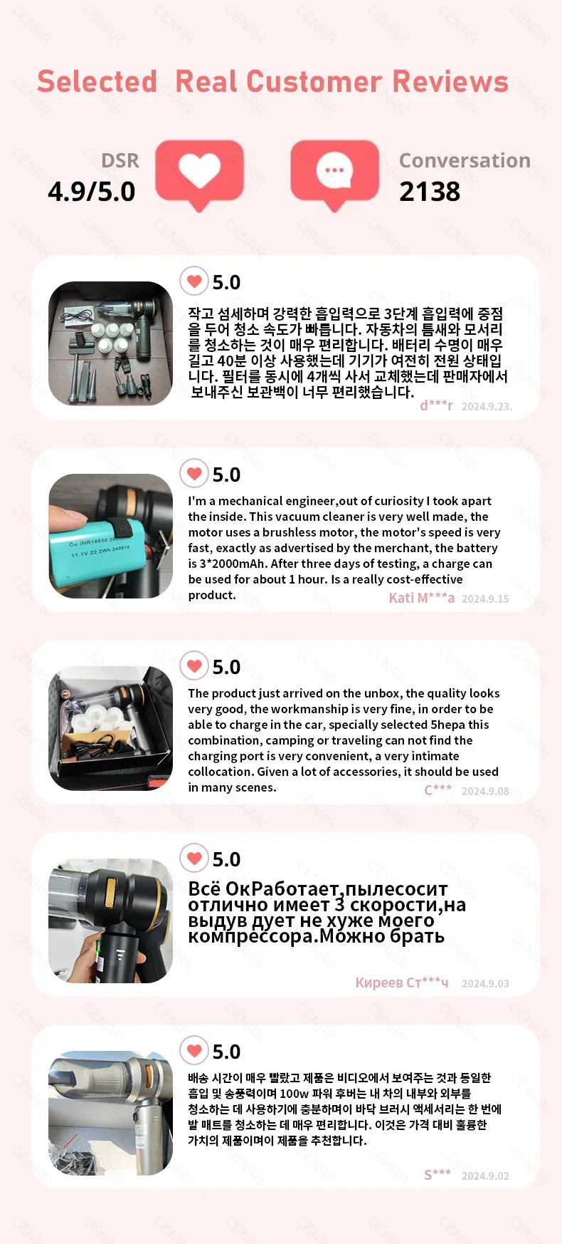 CENRR Portable Car Vacuum Cleaner – 998000PA Powerful Handheld Auto Cleaner with Dust Display Light & Strong Suction