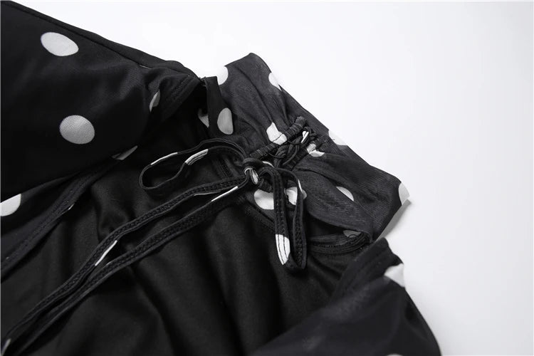 Turtleneck Backless Dress Women Classic Polka Dot Lace-Up Mesh Patchwork.