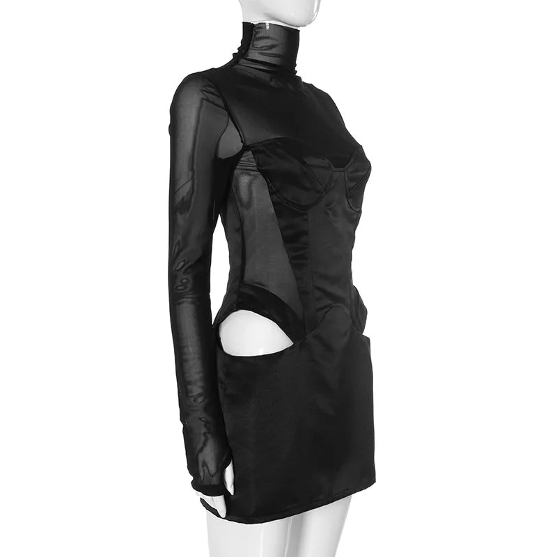 High Neck Robe Mesh Long Sleeve Mini Dress Party Cut Out Corset Bodycon Dresses
