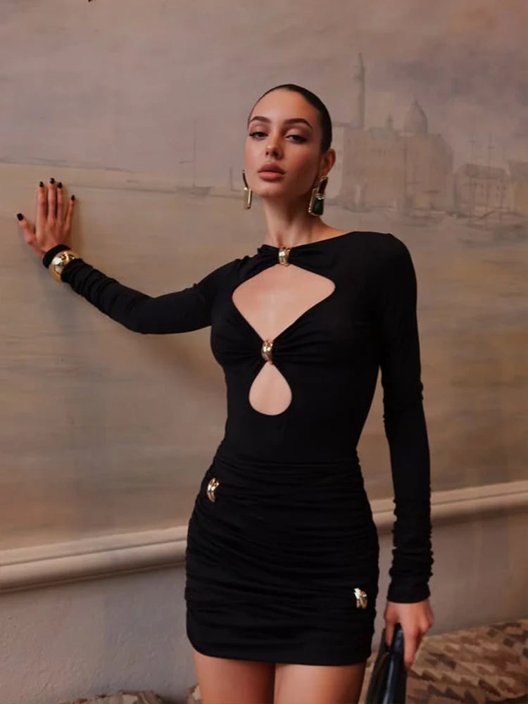 Elegant Women’s Hollow-Out Turtleneck Mini Dress with Long Sleeve