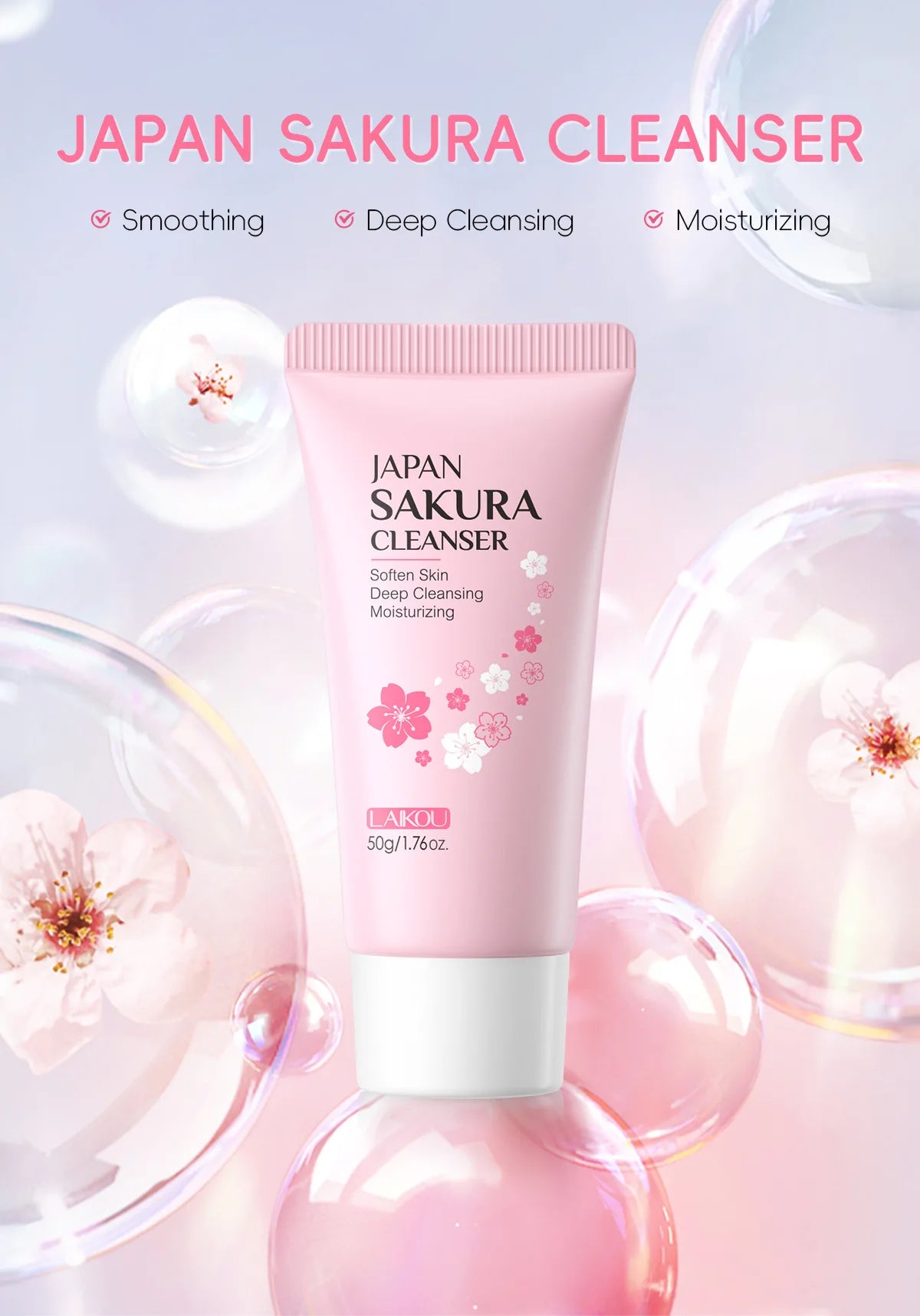 LAIKOU Sakura Cleanser Gentle Deep Cleaning Oil Control Moisturizing Shrink Pores Face Skin Care.