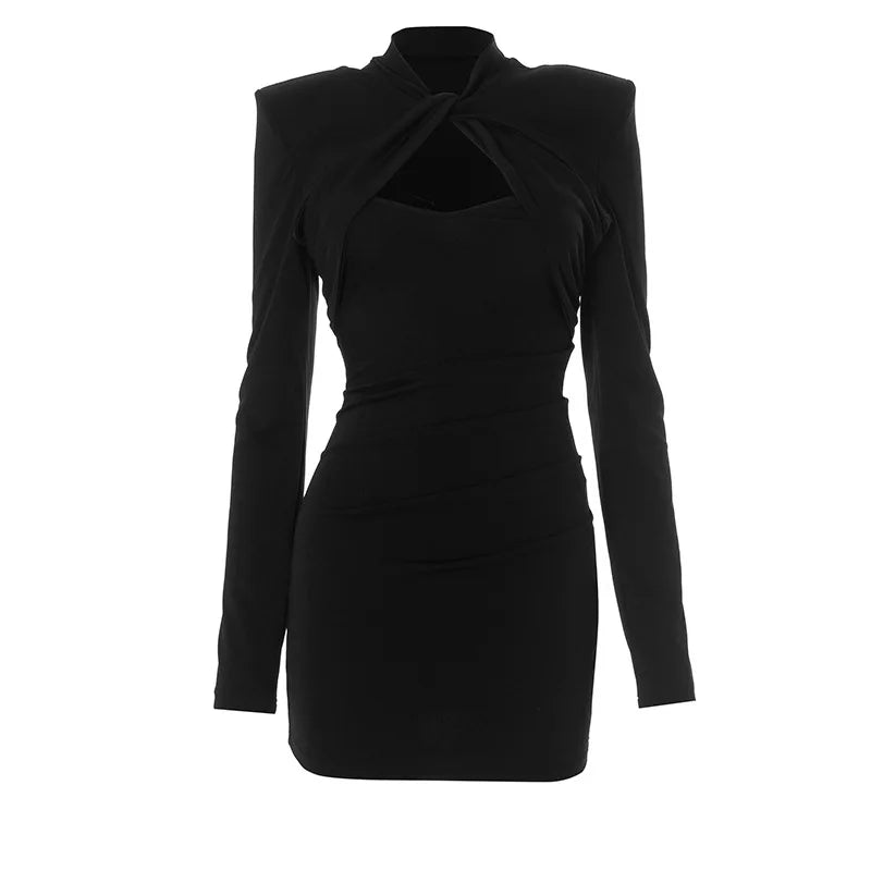 Hollow-Out Evening Dress for Women – Long Sleeve, Slim Fit Style