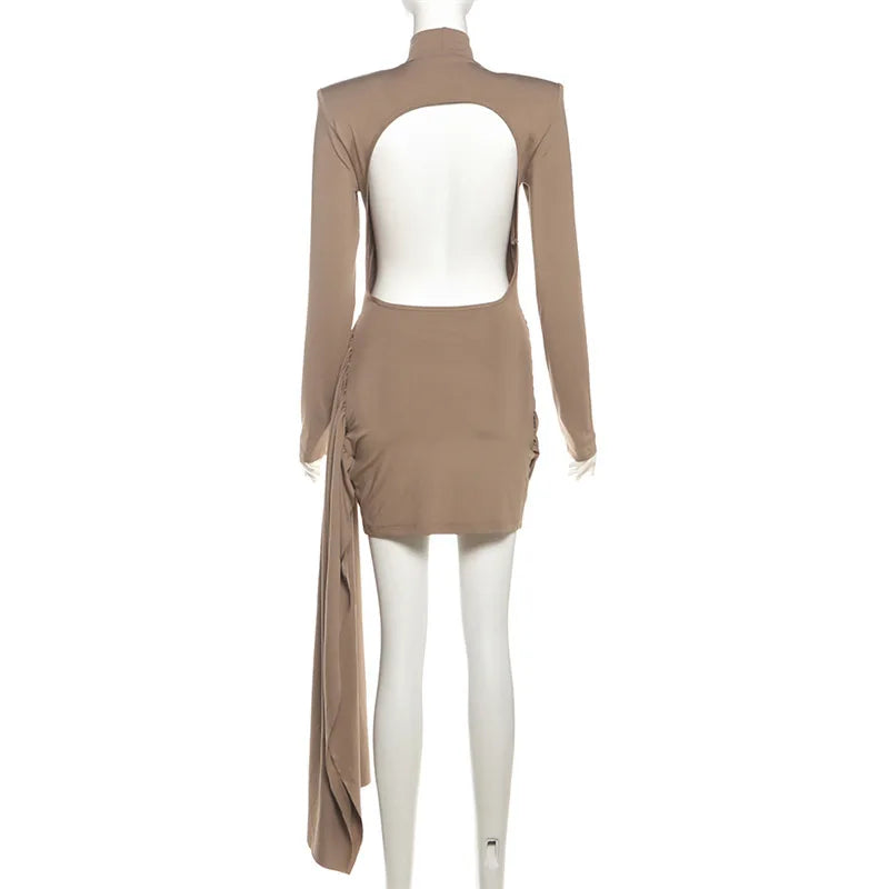 Turtleneck Irregular Draped Ruched Mini Dress Women Elegant Long Sleeve Backless Club Party Cocktail