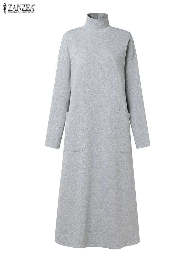 Sweatshirt Dress Women Casual Turtleneck Long Sleeve Solid A-Line Midi Dresses