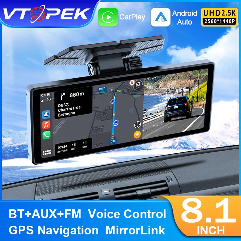 VTOPEK 8.1" 2.5K Car Dash Camera – Wireless CarPlay & Android Auto Display, GPS Navigation, WiFi DVR with Rear Camera