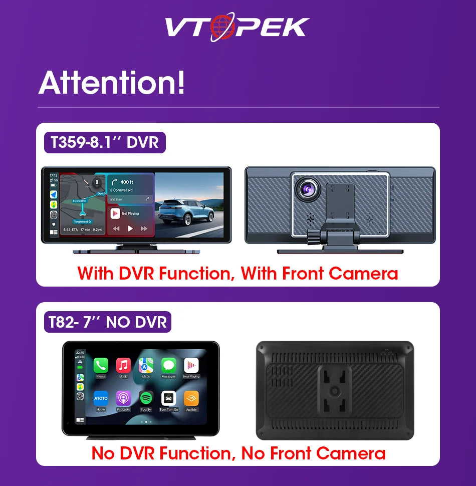 VTOPEK 8.1" 2.5K Car Dash Camera – Wireless CarPlay & Android Auto Display, GPS Navigation, WiFi DVR with Rear Camera