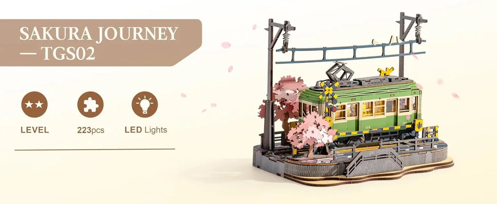 Robotime Sakura Tram 3D Wooden Puzzle with LED Lights – Home Decor Gift for Adults and Girls