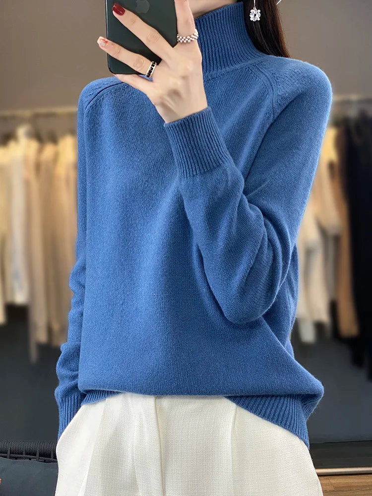 Autumn Winter Wool Sweater Mock Neck Office Lady Knitted Pullover Solid Soft Long Sleeve