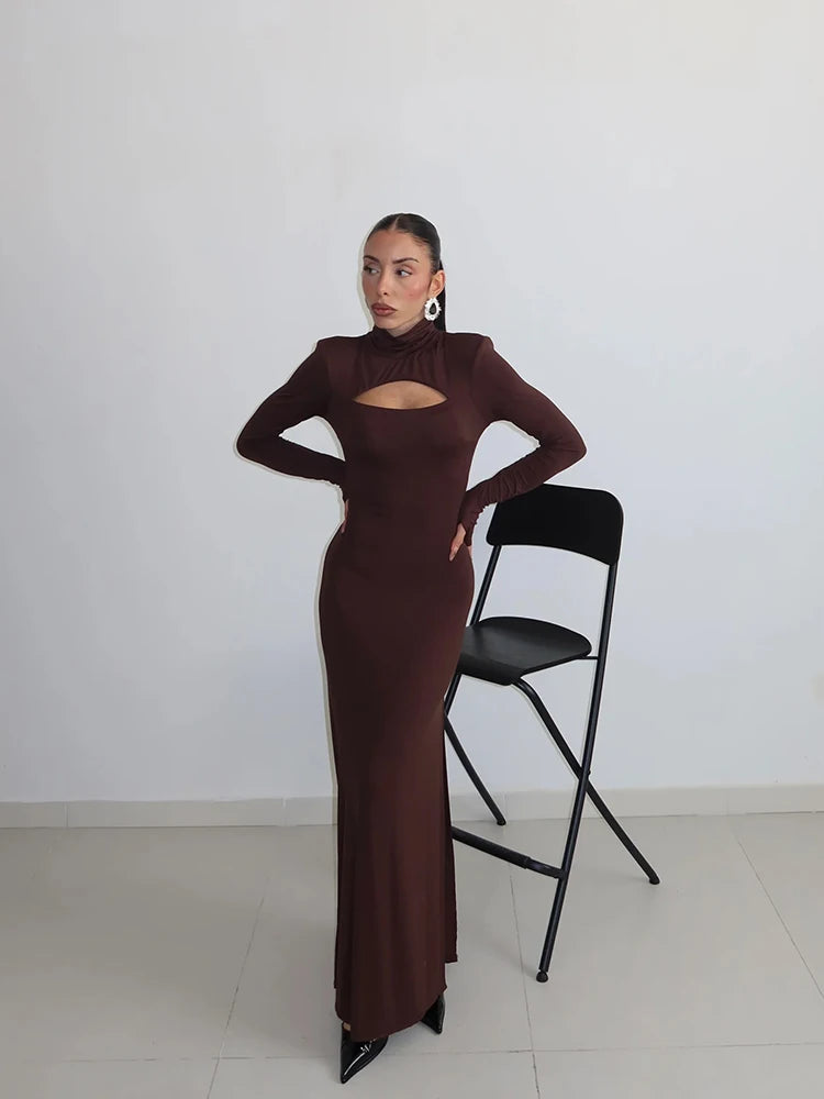 Women's Maxi Dresses Solid Turtleneck Regular Long Sleeves Hollow Out Slim Fit