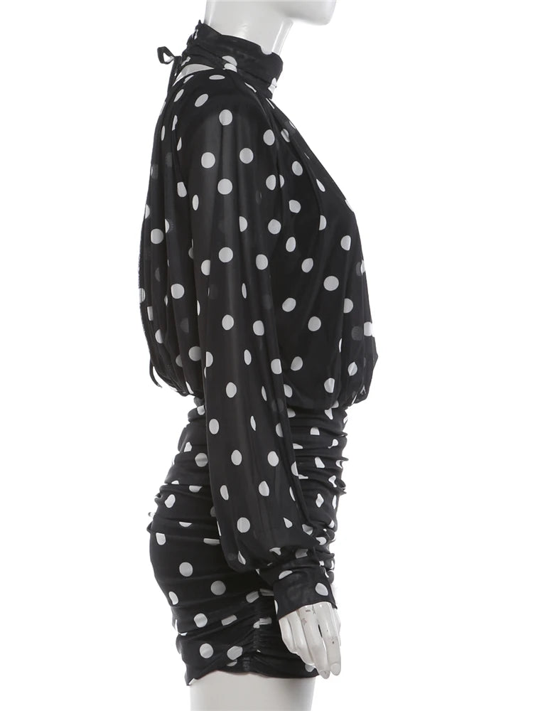 Turtleneck Backless Dress Women Classic Polka Dot Lace-Up Mesh Patchwork.