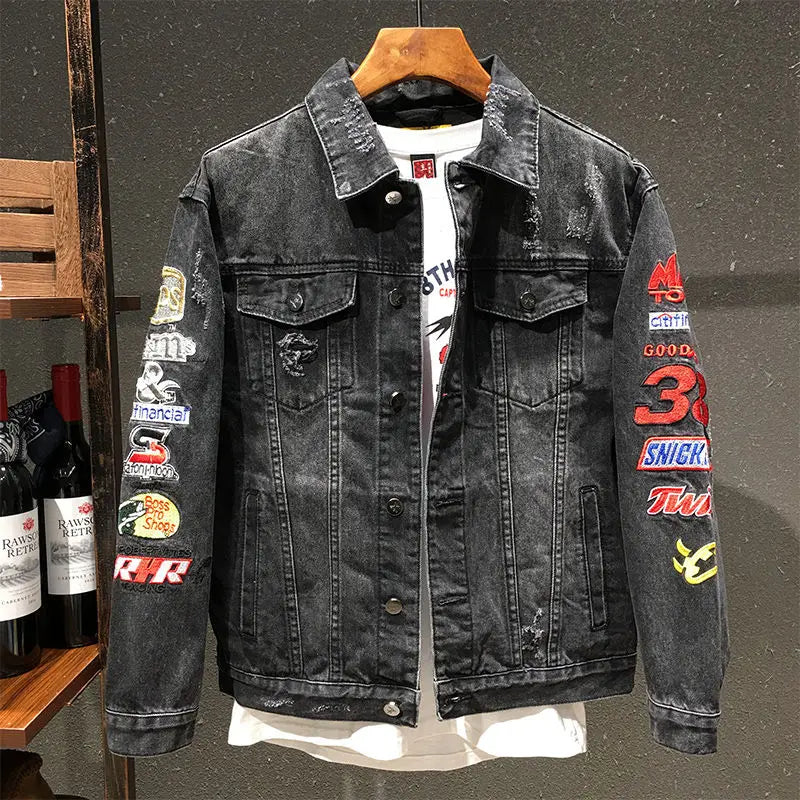 Spring and Autumn New Men's Embroidered Denim Jacket Trendy and Handsome Slim Fit Badge Broken Coat
