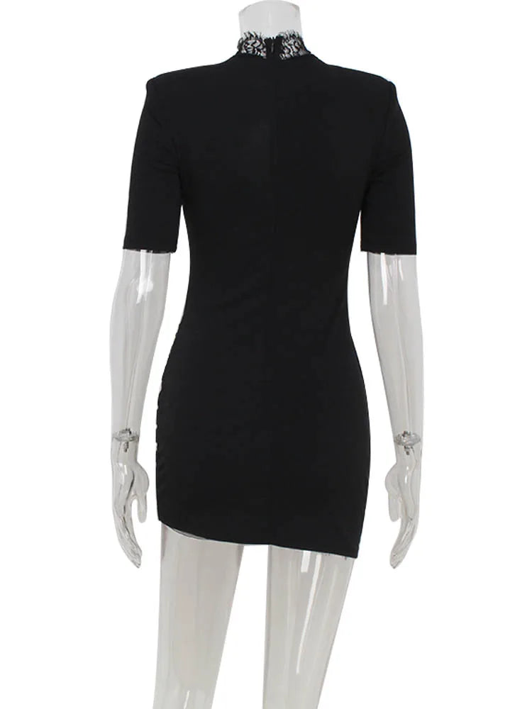 Slim-Fit Lace Mini Dress with Turtleneck and Cutout Accents