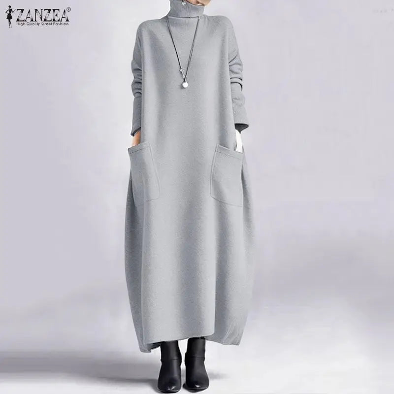 Sweatshirt Dress Women Casual Turtleneck Long Sleeve Solid A-Line Midi Dresses