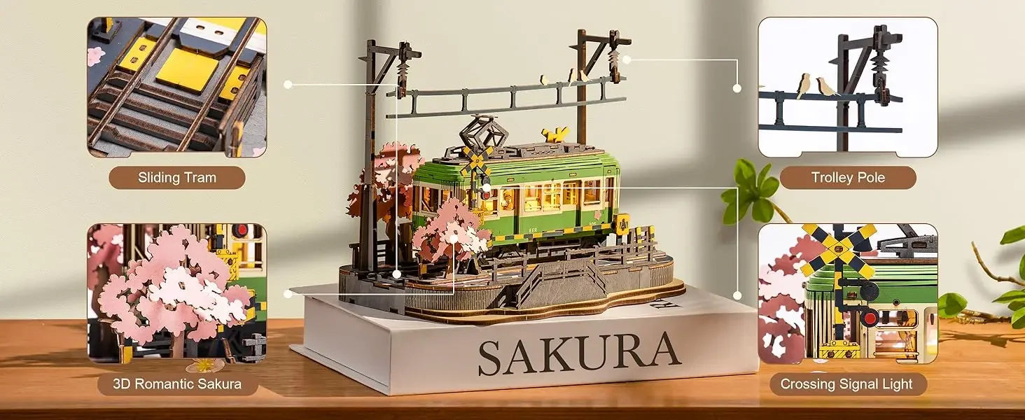 Robotime Sakura Tram 3D Wooden Puzzle with LED Lights – Home Decor Gift for Adults and Girls