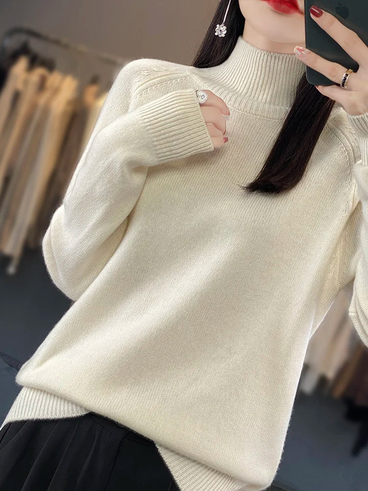 Autumn Winter Wool Sweater Mock Neck Office Lady Knitted Pullover Solid Soft Long Sleeve