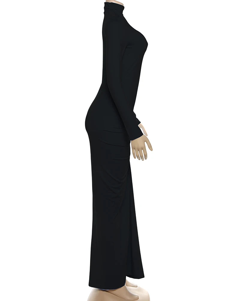 New Style Long Dress Woman Turtleneck Full Sleeve Skinny High Stretch Daily Casual