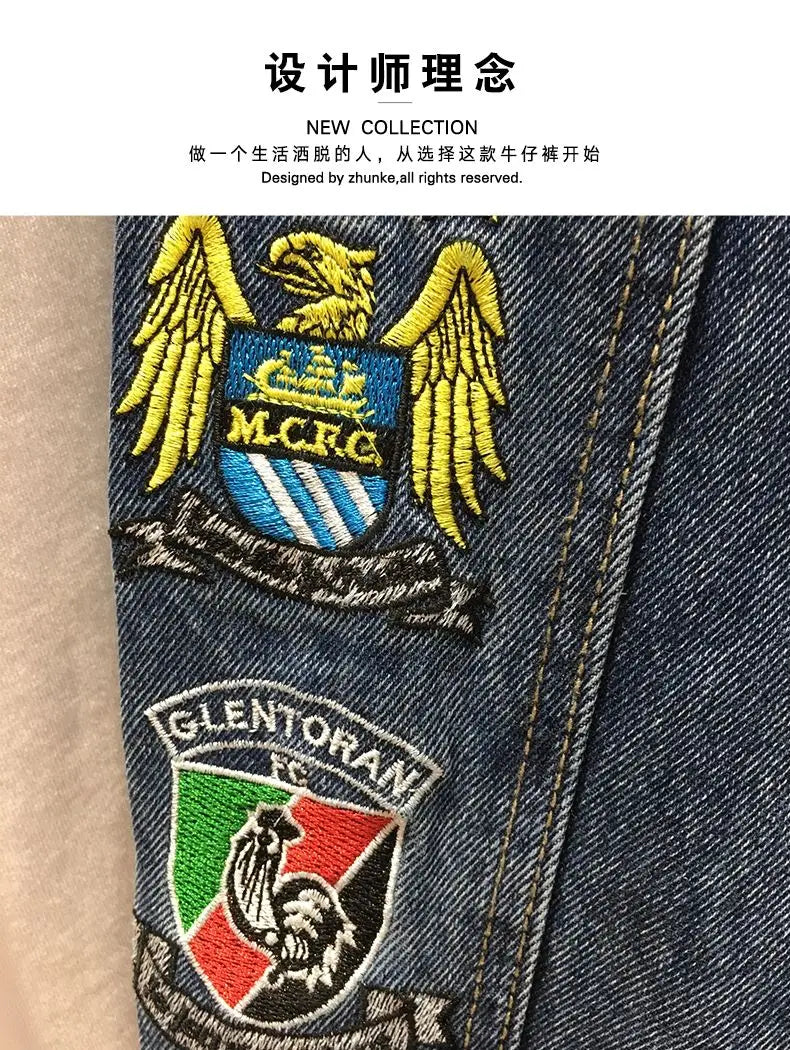 Spring and Autumn New Men's Embroidered Denim Jacket Trendy and Handsome Slim Fit Badge Broken Coat